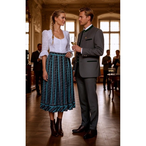 geiger Dresses & Skirts - VTG Geiger Teal Black Floral Striped Pleated Cotton Dirndl Skirt Size 40